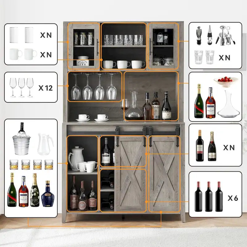 Weinbar-Schrank im Landhausstil mit Schiebetür in Scheunenoptik, Weinregal und Glashalter