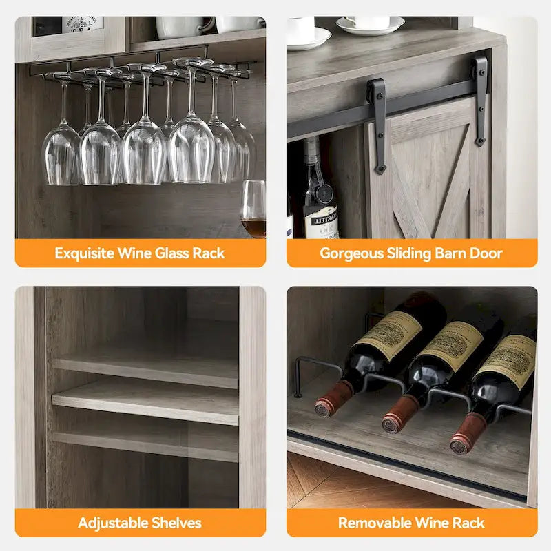 Weinbar-Schrank im Landhausstil mit Schiebetür in Scheunenoptik, Weinregal und Glashalter