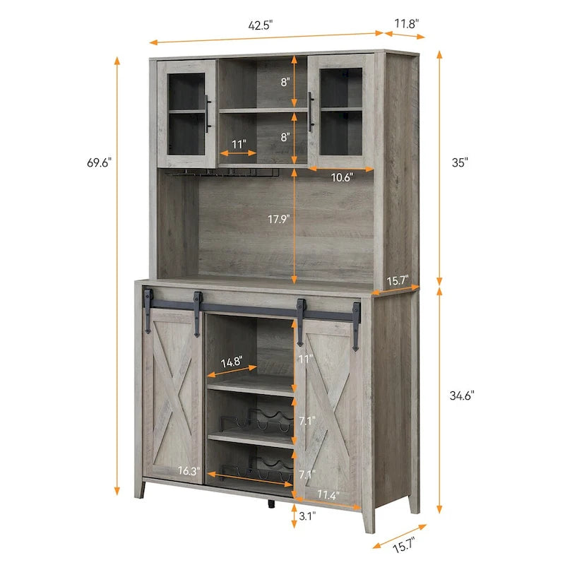 Weinbar-Schrank im Landhausstil mit Schiebetür in Scheunenoptik, Weinregal und Glashalter