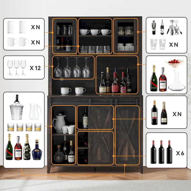 Weinbar-Schrank im Landhausstil mit Schiebetür in Scheunenoptik, Weinregal und Glashalter