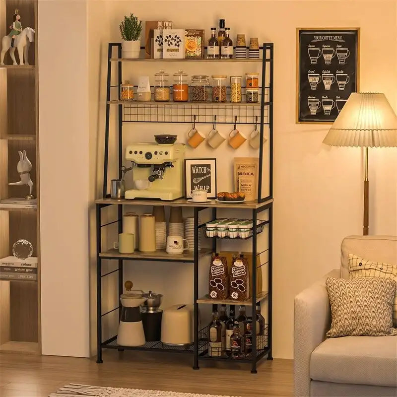 69 Inch Tall Coffee Bar Station with Wire Pull-Up Basket 12-Hook Bar Open Shelves and Black Metal Frame