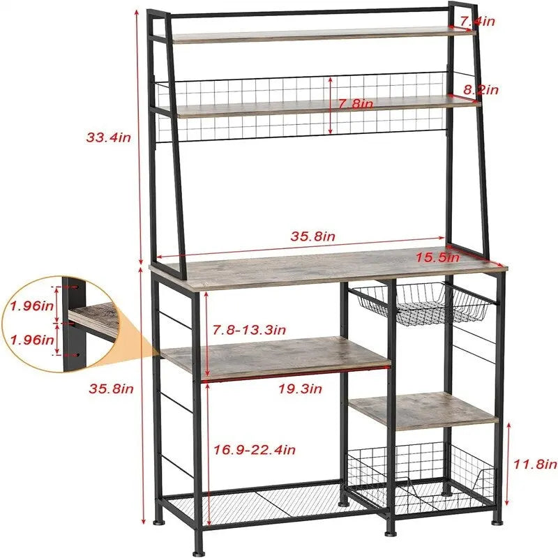 69 Inch Tall Coffee Bar Station with Wire Pull-Up Basket 12-Hook Bar Open Shelves and Black Metal Frame