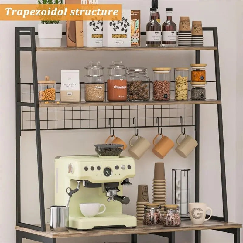 69 Inch Tall Coffee Bar Station with Wire Pull-Up Basket 12-Hook Bar Open Shelves and Black Metal Frame