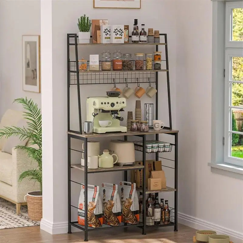 69 Inch Tall Coffee Bar Station with Wire Pull-Up Basket 12-Hook Bar Open Shelves and Black Metal Frame