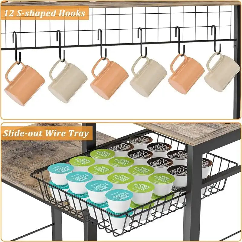 69 Inch Tall Coffee Bar Station with Wire Pull-Up Basket 12-Hook Bar Open Shelves and Black Metal Frame