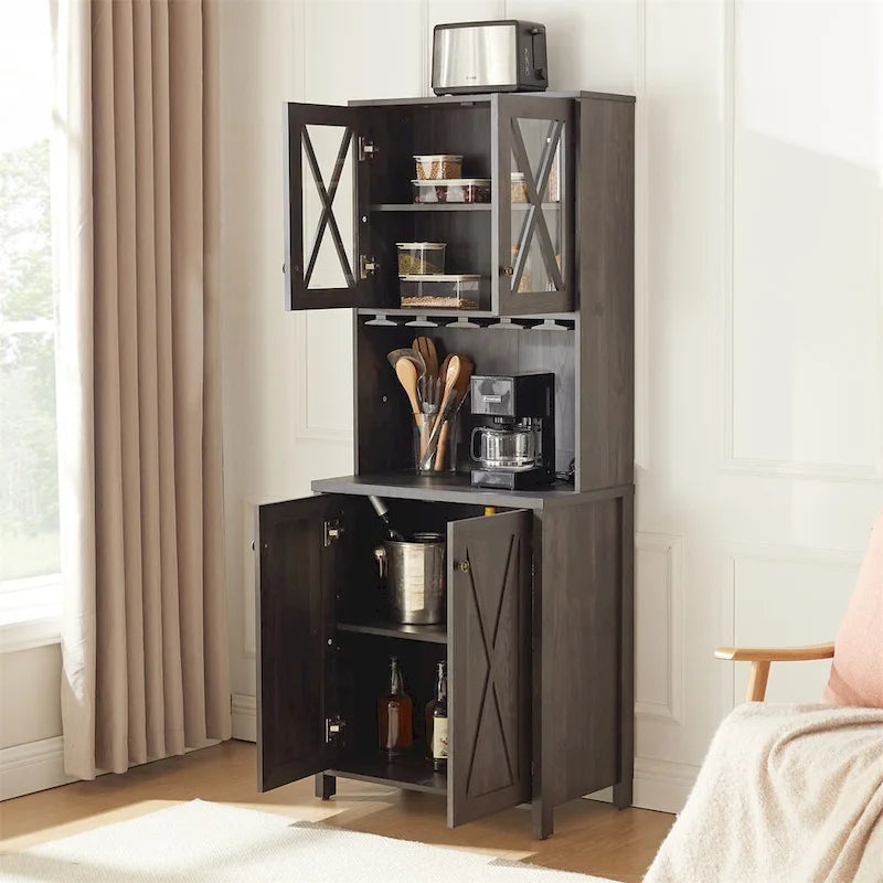 Tall Farmhouse Bar Cabinet with Glass Doors Stemware Rack and Wine Rack