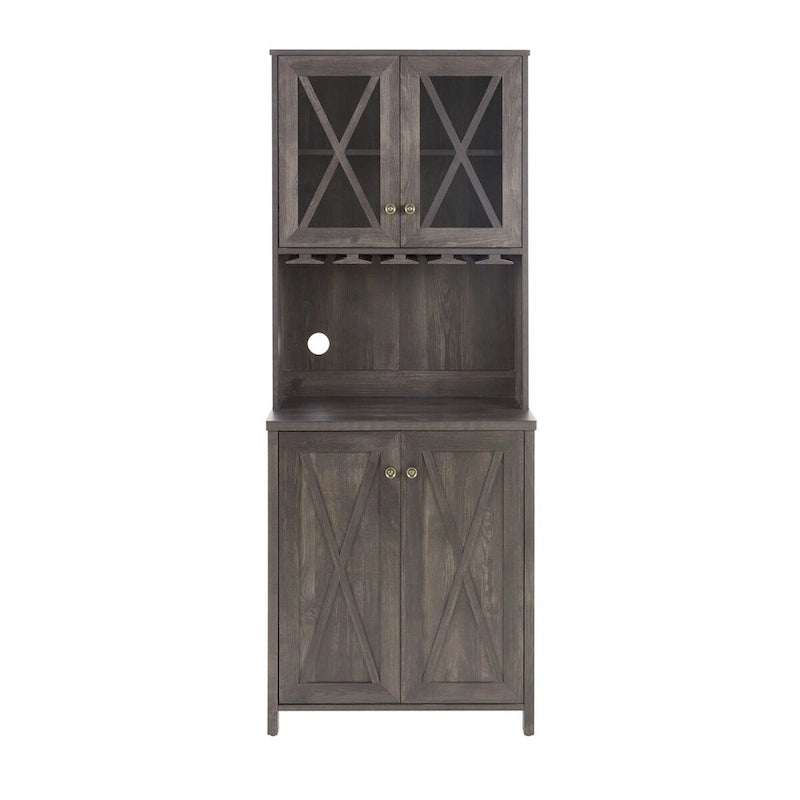 Tall Farmhouse Bar Cabinet with Glass Doors Stemware Rack and Wine Rack