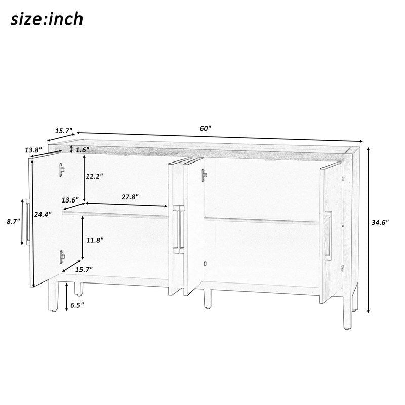 152,4 cm Sideboard-Buffetschrank mit 4 Türen, 4 verstellbaren Einlegeböden und Metallgriffen