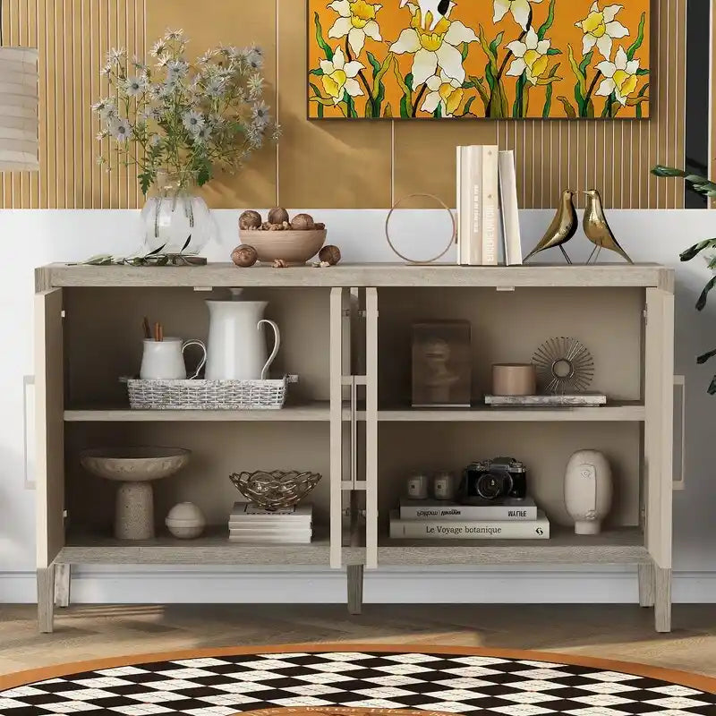 152,4 cm Sideboard-Buffetschrank mit 4 Türen, 4 verstellbaren Einlegeböden und Metallgriffen