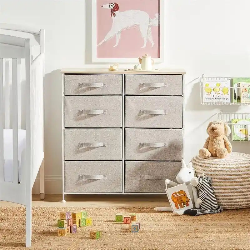 8-Drawer Fabric Storage Dresser with Removable Non-Woven Bins Steel Frame MDF Top and Adjustable Feet