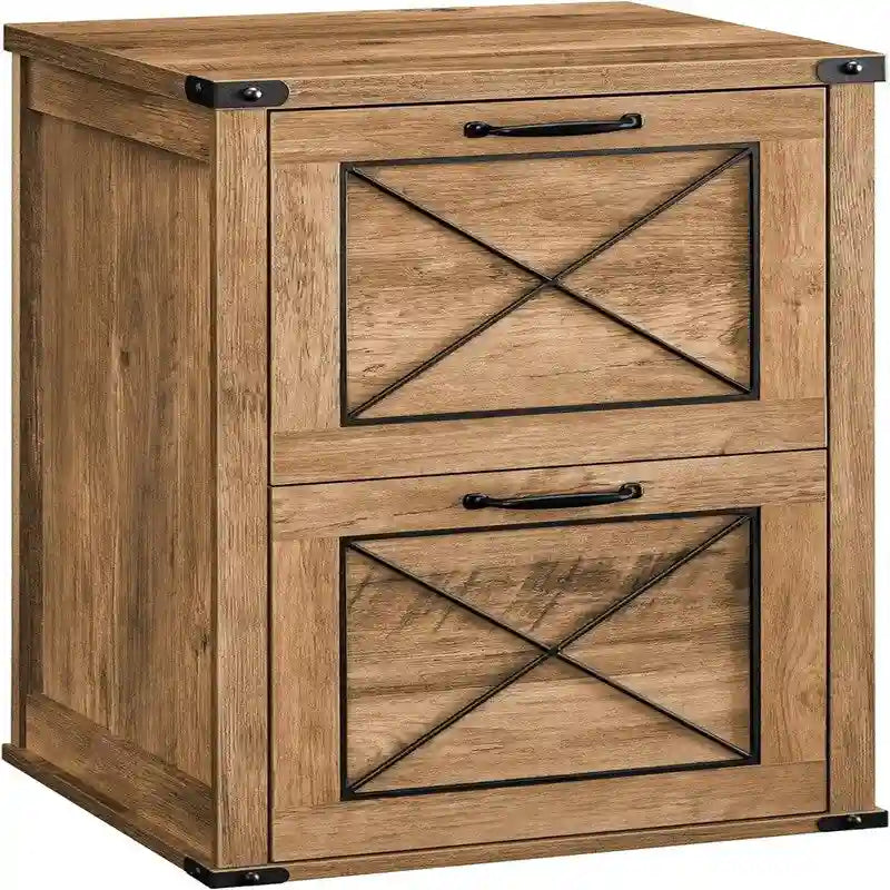 Farmhouse 2-Drawer Lateral File Cabinet with Barn Door X-Panel Design and Metal Corner Accents