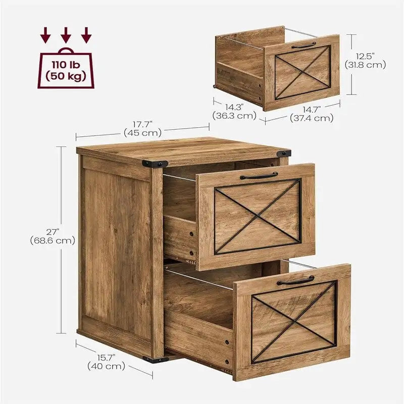 Farmhouse 2-Drawer Lateral File Cabinet with Barn Door X-Panel Design and Metal Corner Accents