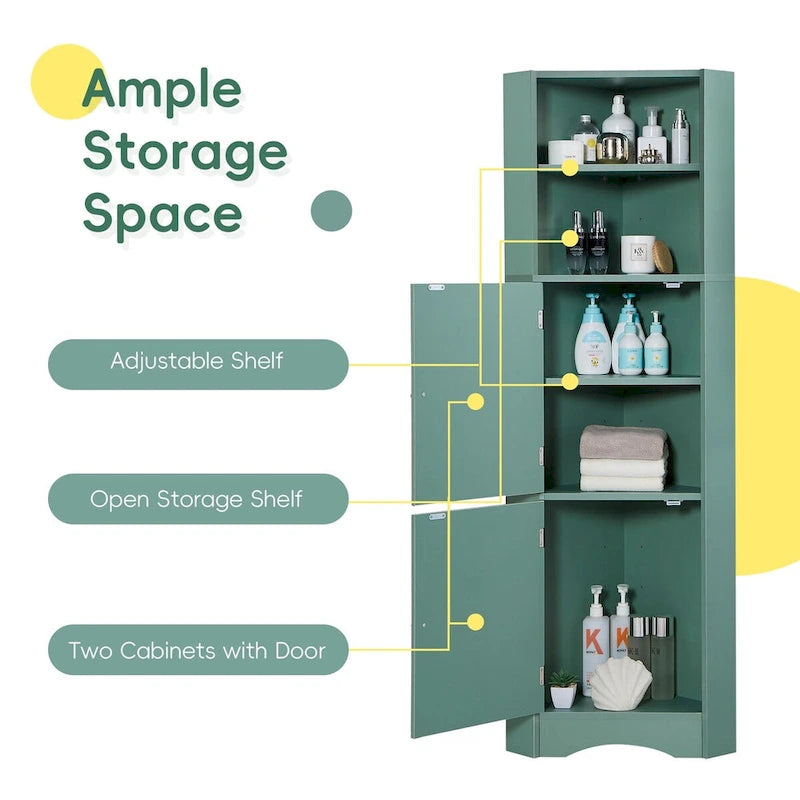 Tall Freestanding Bathroom Corner Cabinet with 2 Doors and Adjustable Shelves
