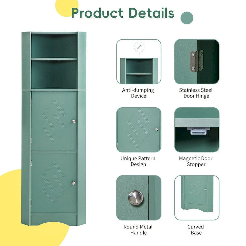 Tall Freestanding Bathroom Corner Cabinet with 2 Doors and Adjustable Shelves