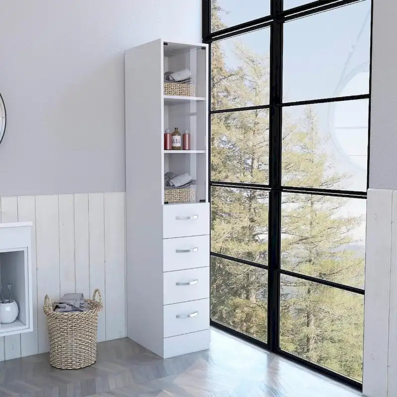 Tall Linen Cabinet with Glass Door 3 Open Shelves and 3 Drawers White