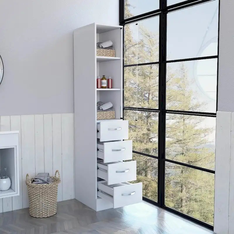 Tall Linen Cabinet with Glass Door 3 Open Shelves and 3 Drawers White