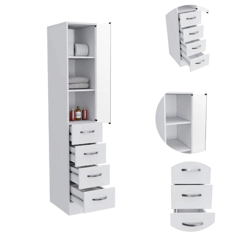 Tall Linen Cabinet with Glass Door 3 Open Shelves and 3 Drawers White