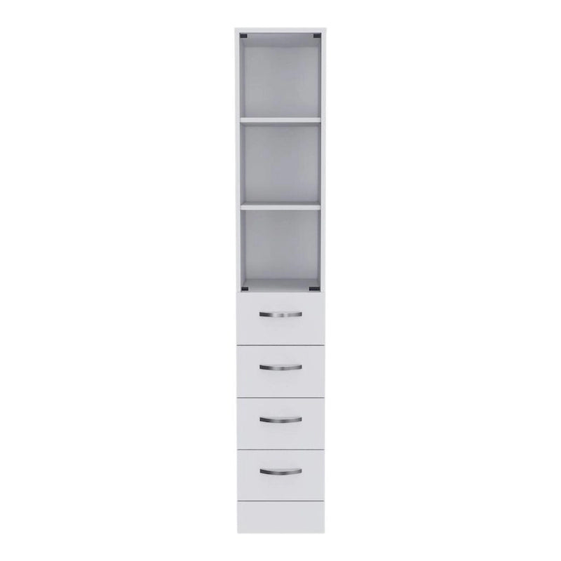 Tall Linen Cabinet with Glass Door 3 Open Shelves and 3 Drawers White