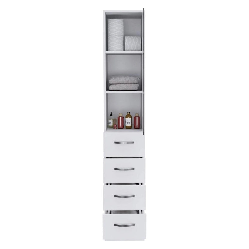Tall Linen Cabinet with Glass Door 3 Open Shelves and 3 Drawers White