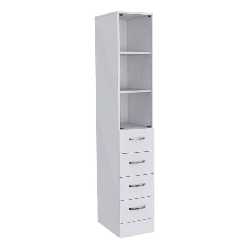 Tall Linen Cabinet with Glass Door 3 Open Shelves and 3 Drawers White