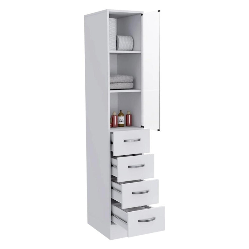 Tall Linen Cabinet with Glass Door 3 Open Shelves and 3 Drawers White