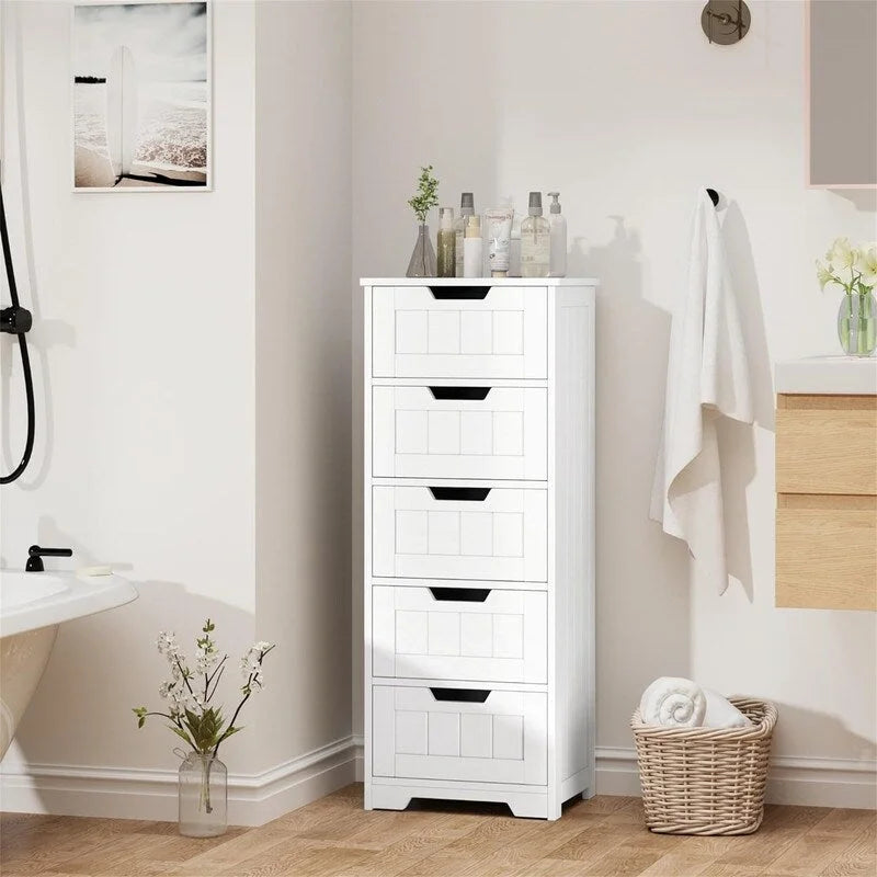 5-Drawer Freestanding Bathroom Floor Cabinet with Shaker Panel Drawers Recessed Cutout Pulls and Metal Slides