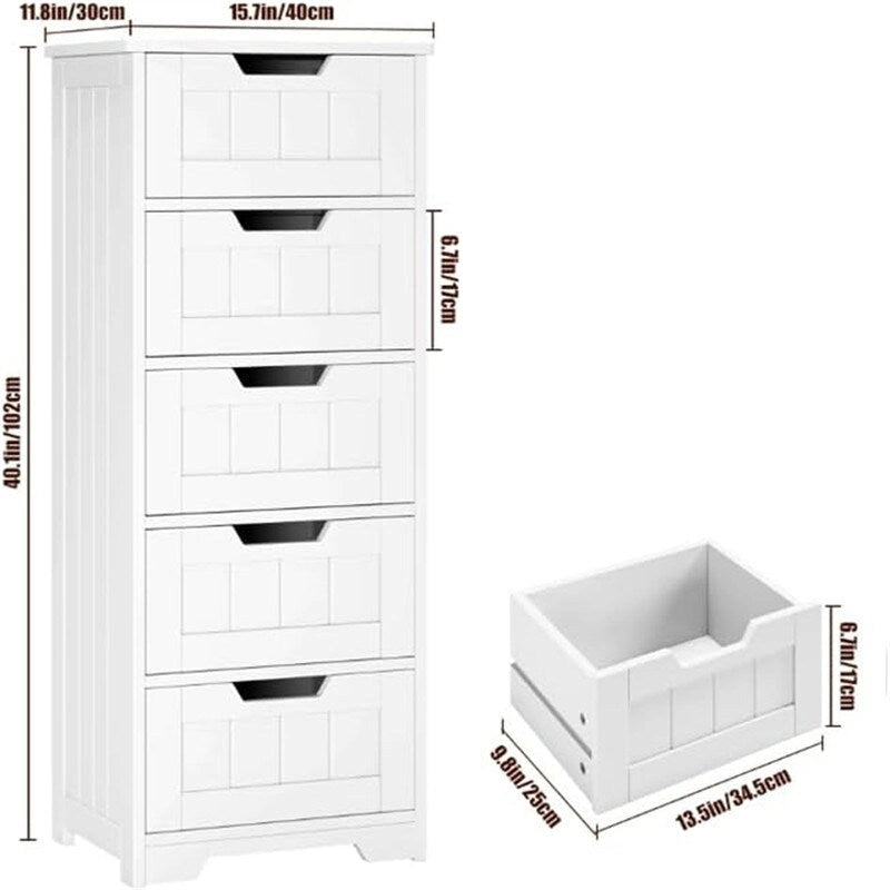 5-Drawer Freestanding Bathroom Floor Cabinet with Shaker Panel Drawers Recessed Cutout Pulls and Metal Slides