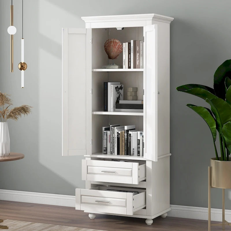 Tall Storage Cabinet with 2 Doors 3 Adjustable Shelves 2 Drawers Crown Molding Top and Ball Feet