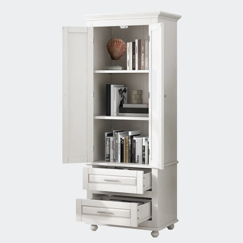 Tall Storage Cabinet with 2 Doors 3 Adjustable Shelves 2 Drawers Crown Molding Top and Ball Feet