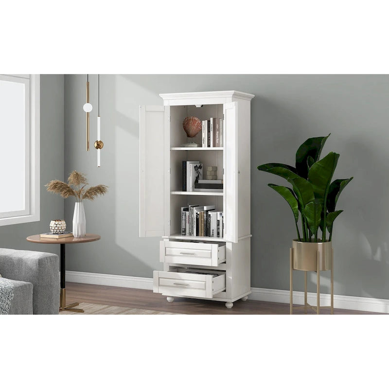 Tall Storage Cabinet with 2 Doors 3 Adjustable Shelves 2 Drawers Crown Molding Top and Ball Feet