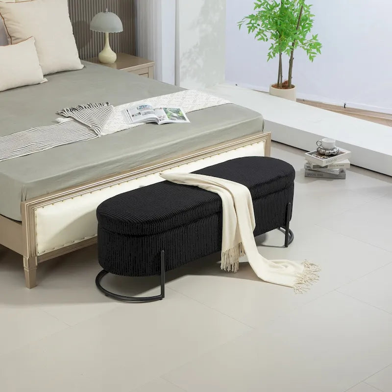 Velvet Upholstered Storage Ottoman Bench with Safety Hinge and Metal Legs