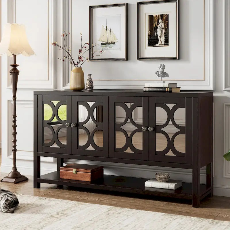 4-Door Mirrored Sideboard Console with Quatrefoil Panel Doors Open Bottom Shelf and Acacia Wood Legs
