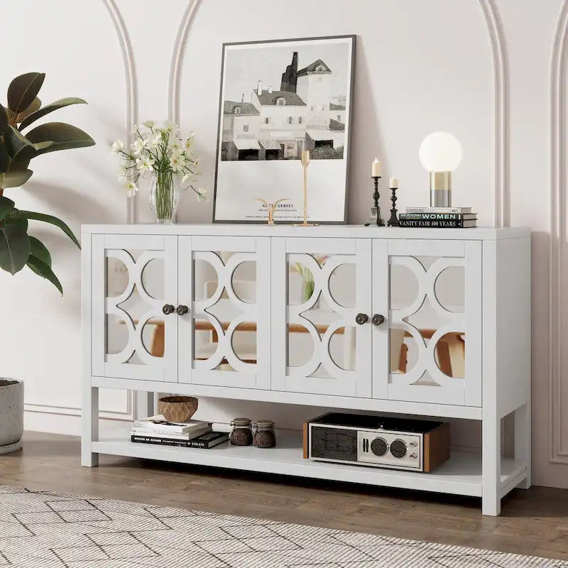 4-Door Mirrored Sideboard Console with Quatrefoil Panel Doors Open Bottom Shelf and Acacia Wood Legs