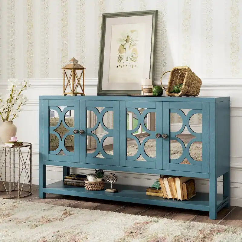 4-Door Mirrored Sideboard Console with Quatrefoil Panel Doors Open Bottom Shelf and Acacia Wood Legs