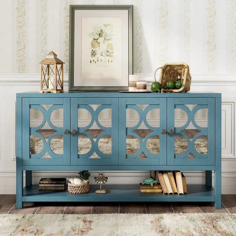 4-Door Mirrored Sideboard Console with Quatrefoil Panel Doors Open Bottom Shelf and Acacia Wood Legs