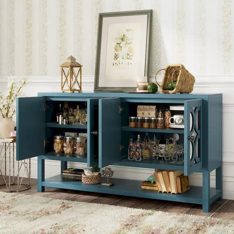 4-Door Mirrored Sideboard Console with Quatrefoil Panel Doors Open Bottom Shelf and Acacia Wood Legs