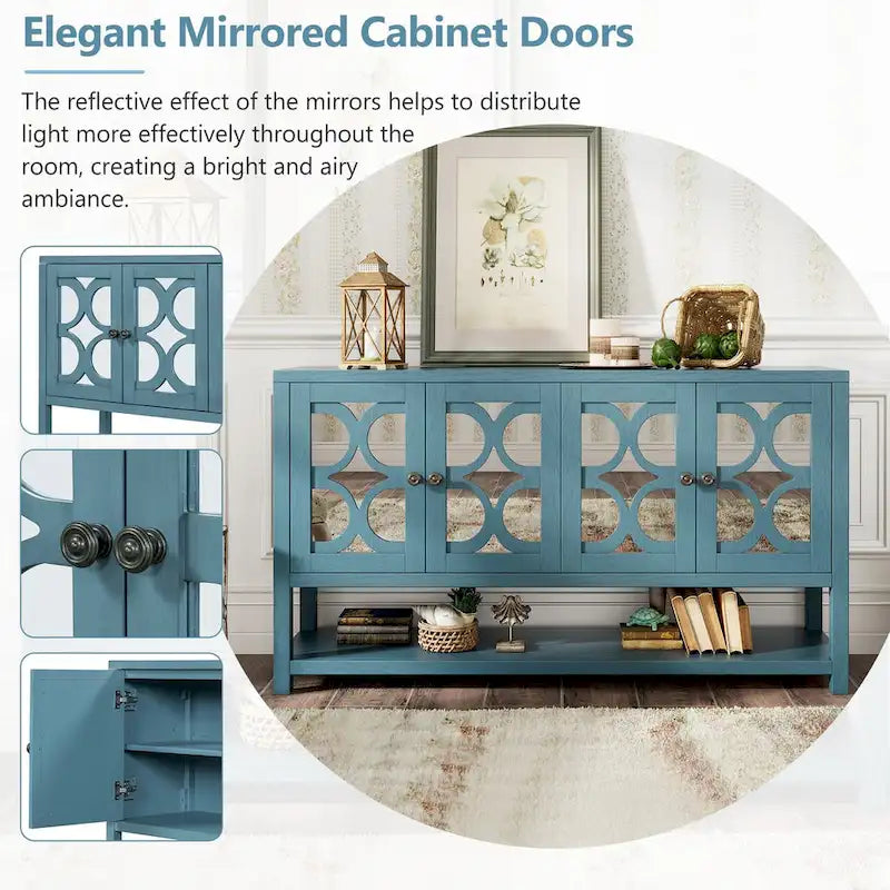 4-Door Mirrored Sideboard Console with Quatrefoil Panel Doors Open Bottom Shelf and Acacia Wood Legs