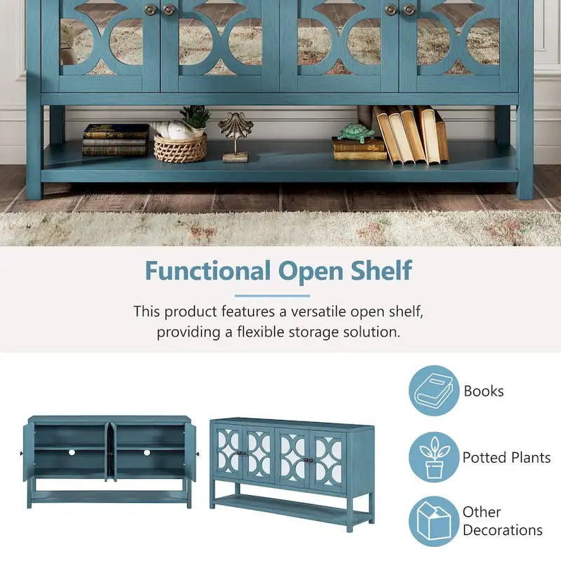 4-Door Mirrored Sideboard Console with Quatrefoil Panel Doors Open Bottom Shelf and Acacia Wood Legs