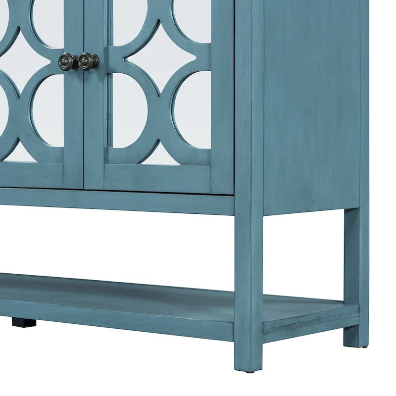 4-Door Mirrored Sideboard Console with Quatrefoil Panel Doors Open Bottom Shelf and Acacia Wood Legs