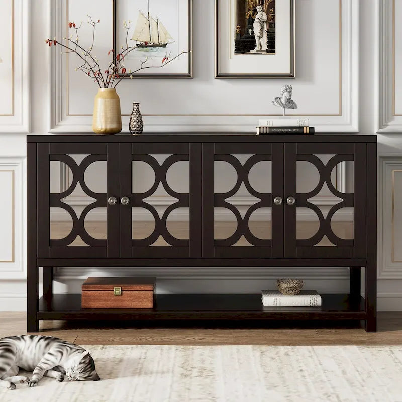 4-Door Mirrored Sideboard Console with Quatrefoil Panel Doors Open Bottom Shelf and Acacia Wood Legs