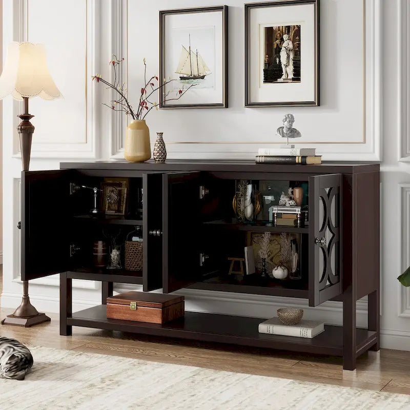 4-Door Mirrored Sideboard Console with Quatrefoil Panel Doors Open Bottom Shelf and Acacia Wood Legs