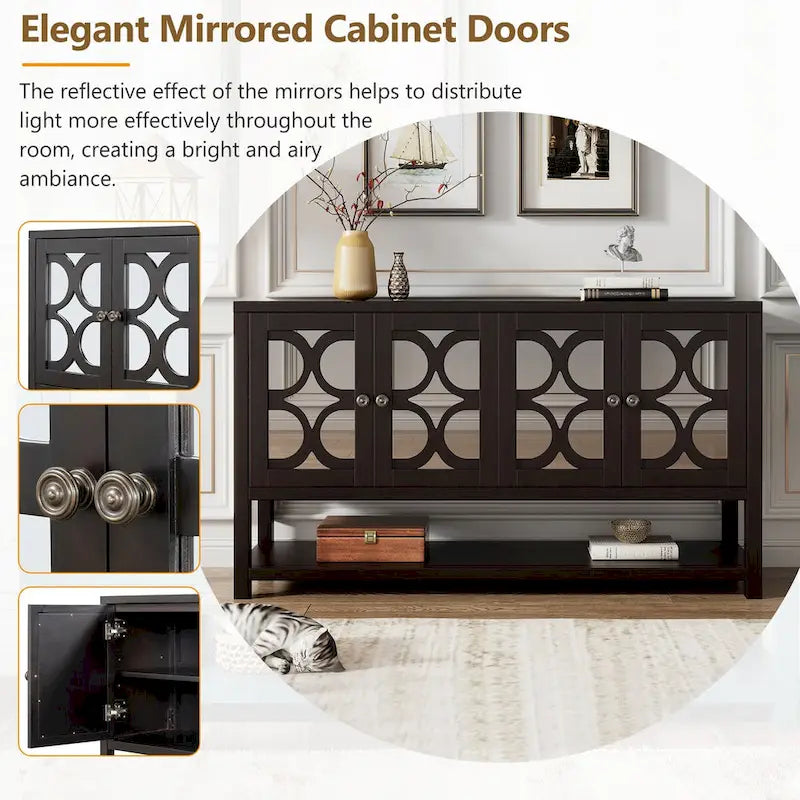 4-Door Mirrored Sideboard Console with Quatrefoil Panel Doors Open Bottom Shelf and Acacia Wood Legs