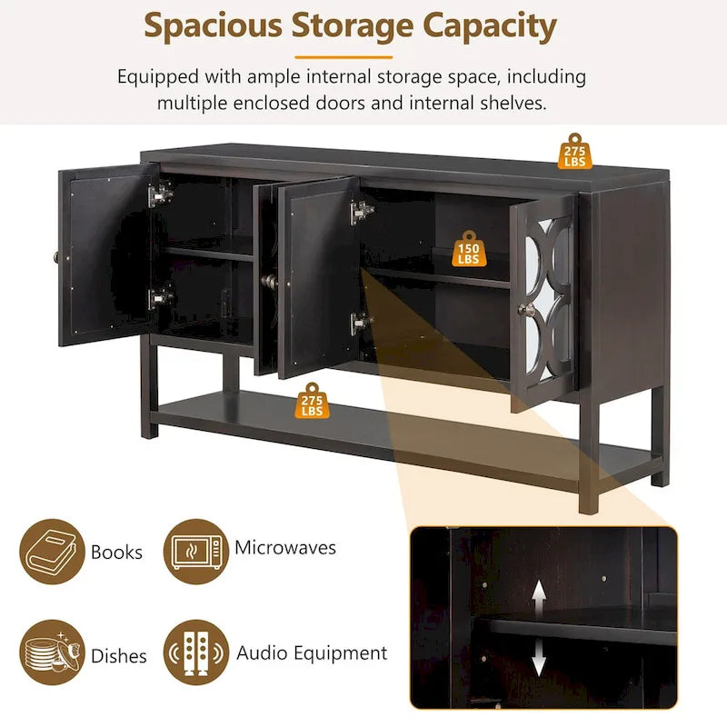 4-Door Mirrored Sideboard Console with Quatrefoil Panel Doors Open Bottom Shelf and Acacia Wood Legs