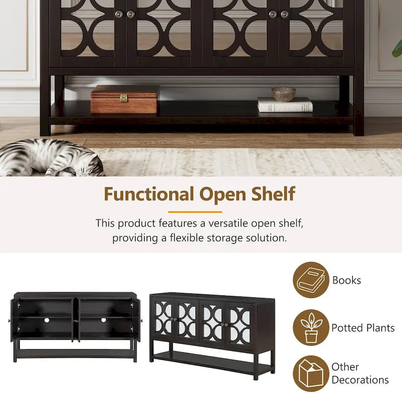 4-Door Mirrored Sideboard Console with Quatrefoil Panel Doors Open Bottom Shelf and Acacia Wood Legs