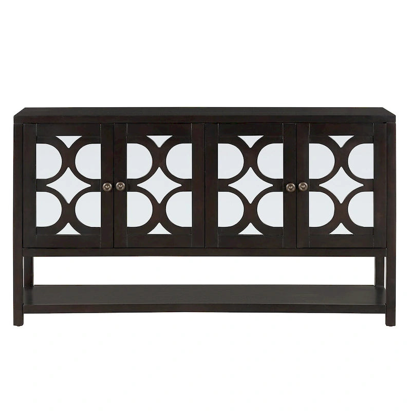 4-Door Mirrored Sideboard Console with Quatrefoil Panel Doors Open Bottom Shelf and Acacia Wood Legs