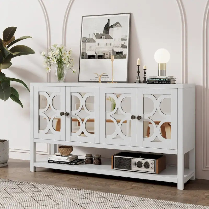 4-Door Mirrored Sideboard Console with Quatrefoil Panel Doors Open Bottom Shelf and Acacia Wood Legs