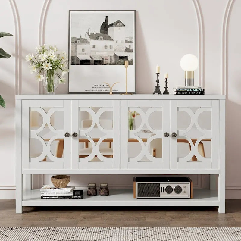 4-Door Mirrored Sideboard Console with Quatrefoil Panel Doors Open Bottom Shelf and Acacia Wood Legs