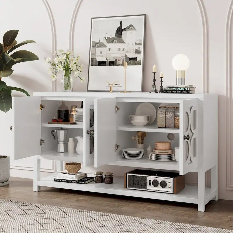 4-Door Mirrored Sideboard Console with Quatrefoil Panel Doors Open Bottom Shelf and Acacia Wood Legs