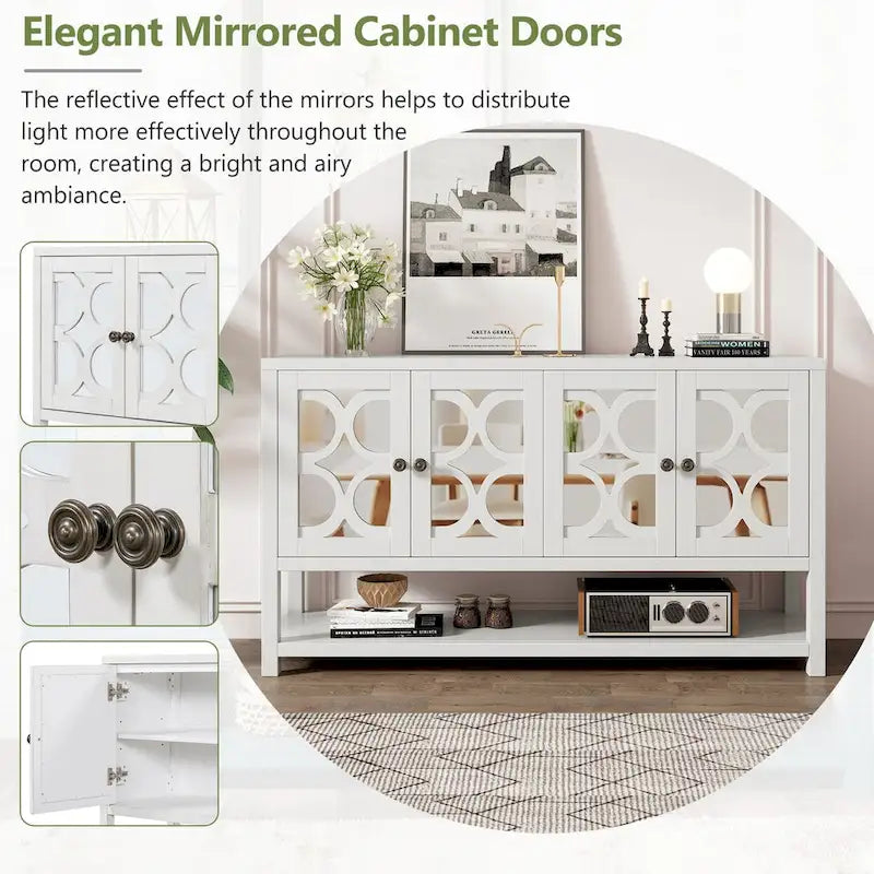 4-Door Mirrored Sideboard Console with Quatrefoil Panel Doors Open Bottom Shelf and Acacia Wood Legs