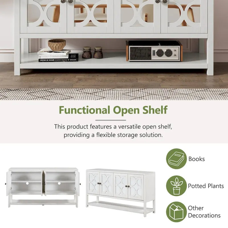 4-Door Mirrored Sideboard Console with Quatrefoil Panel Doors Open Bottom Shelf and Acacia Wood Legs